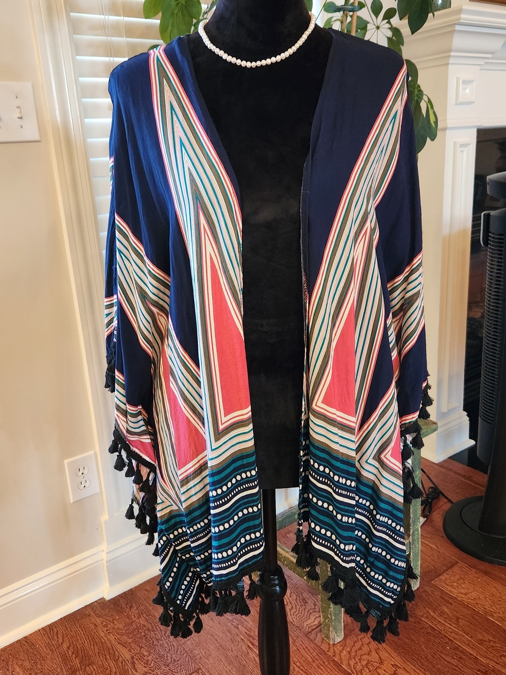 Navy Multicolor Striped Tassel Kimono Wrap
